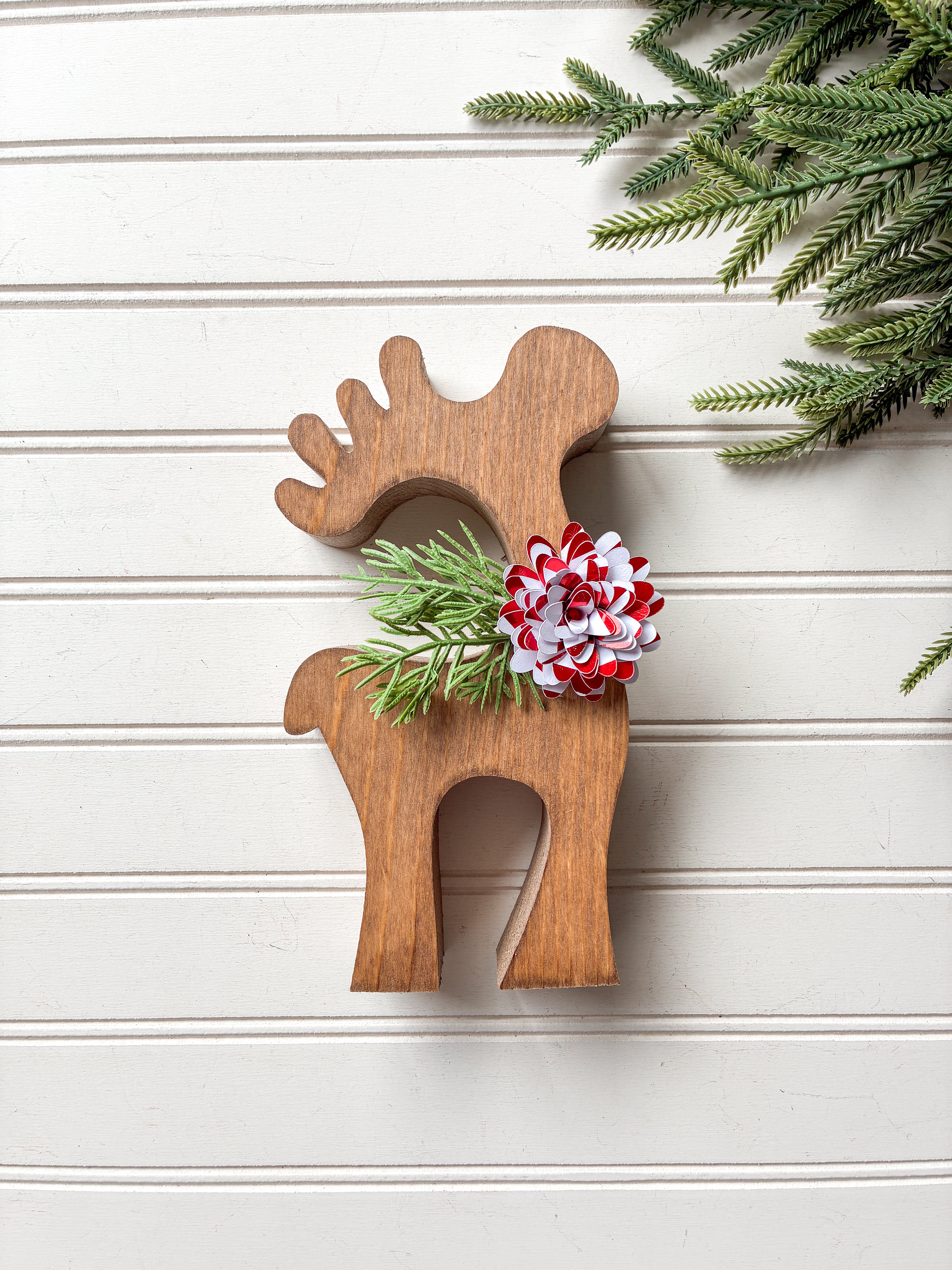 Large Reindeer Shelf Sitter with Red Stripe Flower