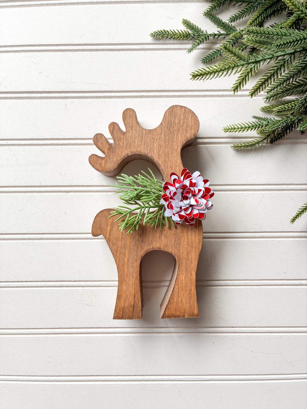 Large Reindeer Shelf Sitter with Red Stripe Flower