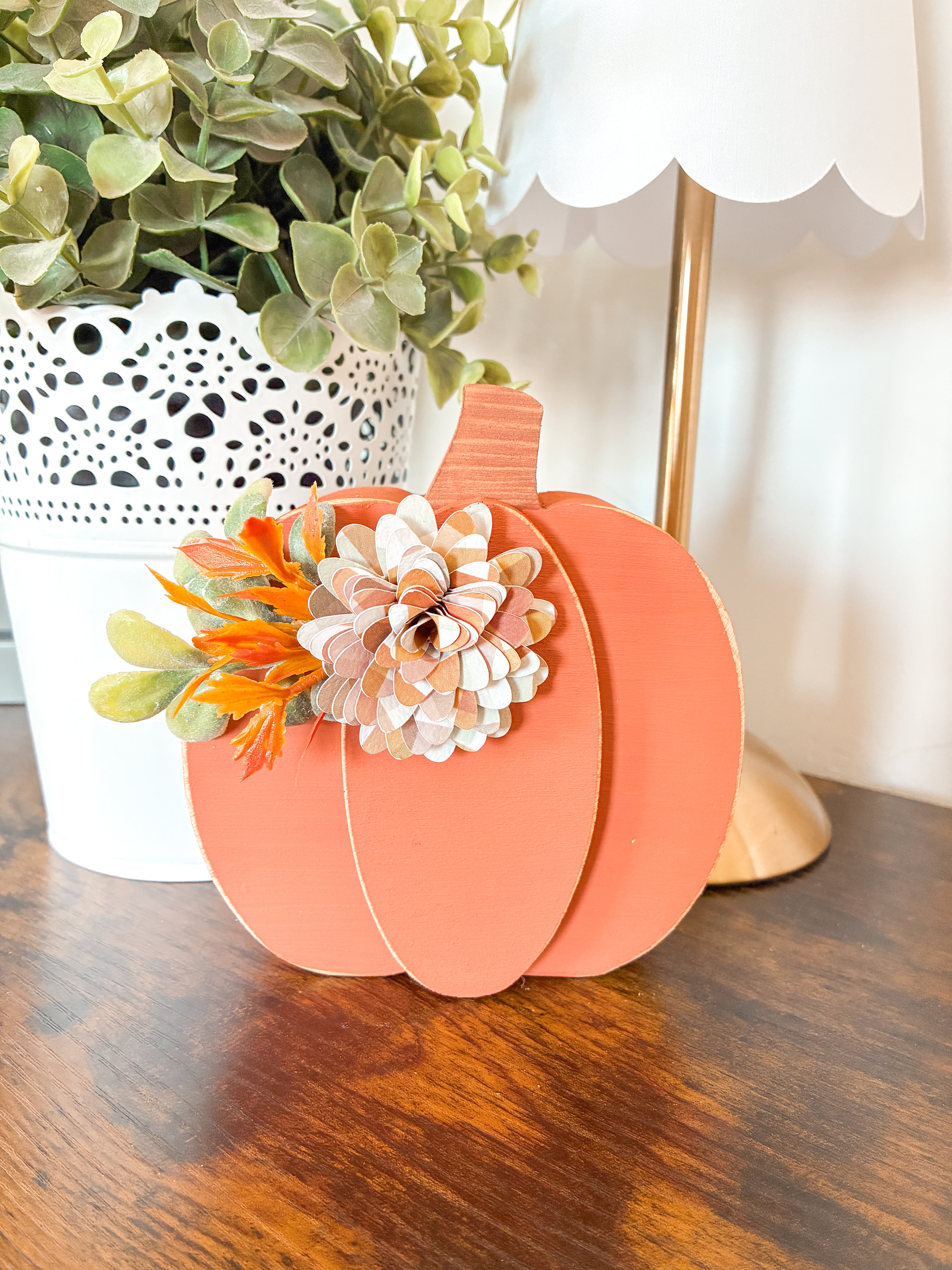 Large Orange Pumpkin Shelf Sitter with Plaid Flower