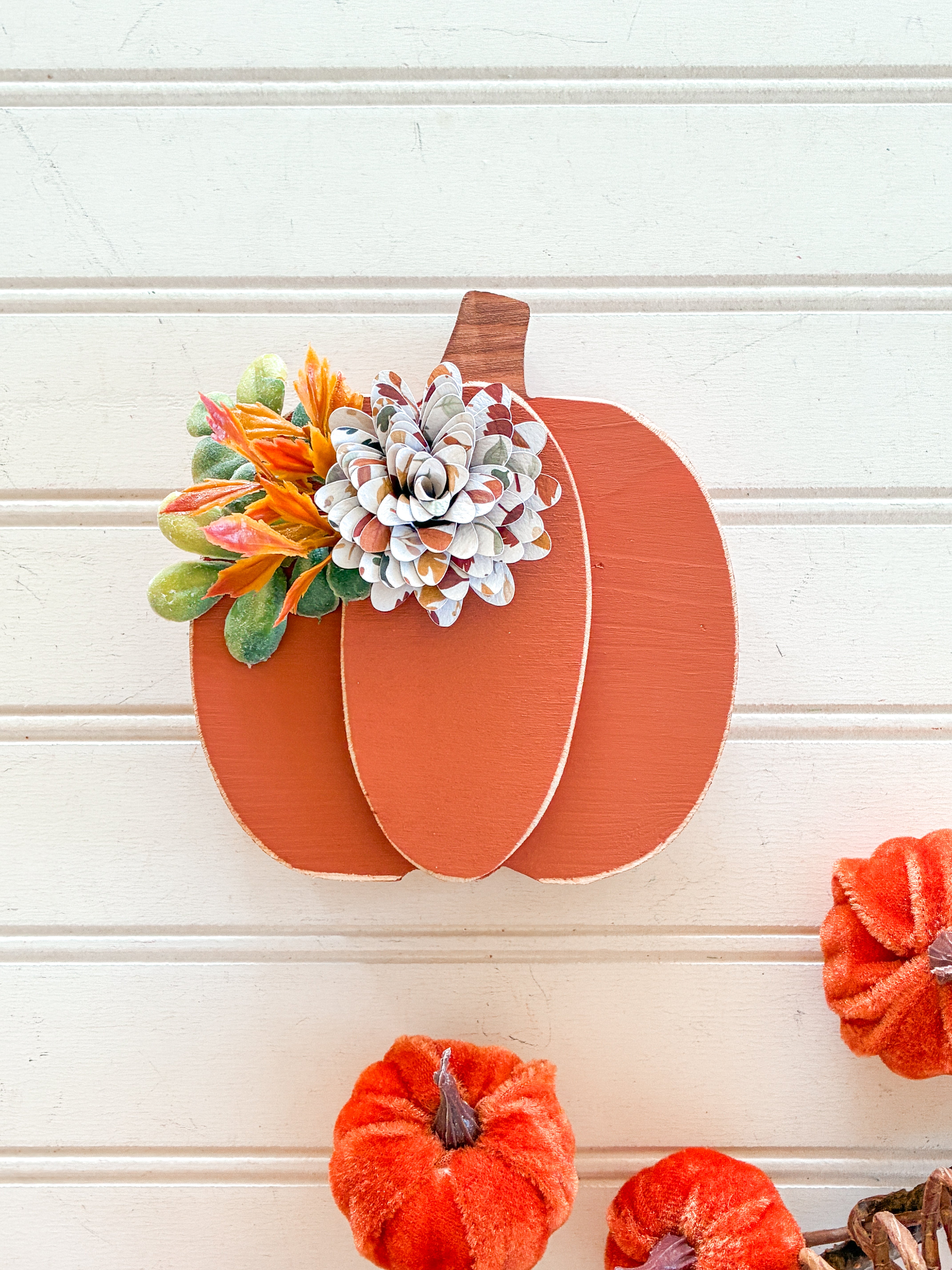 Large Orange Pumpkin Shelf Sitter with Leafy Flower