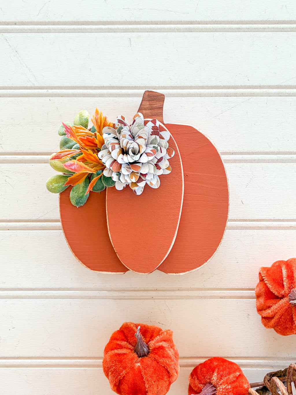 Large Orange Pumpkin Shelf Sitter with Leafy Flower