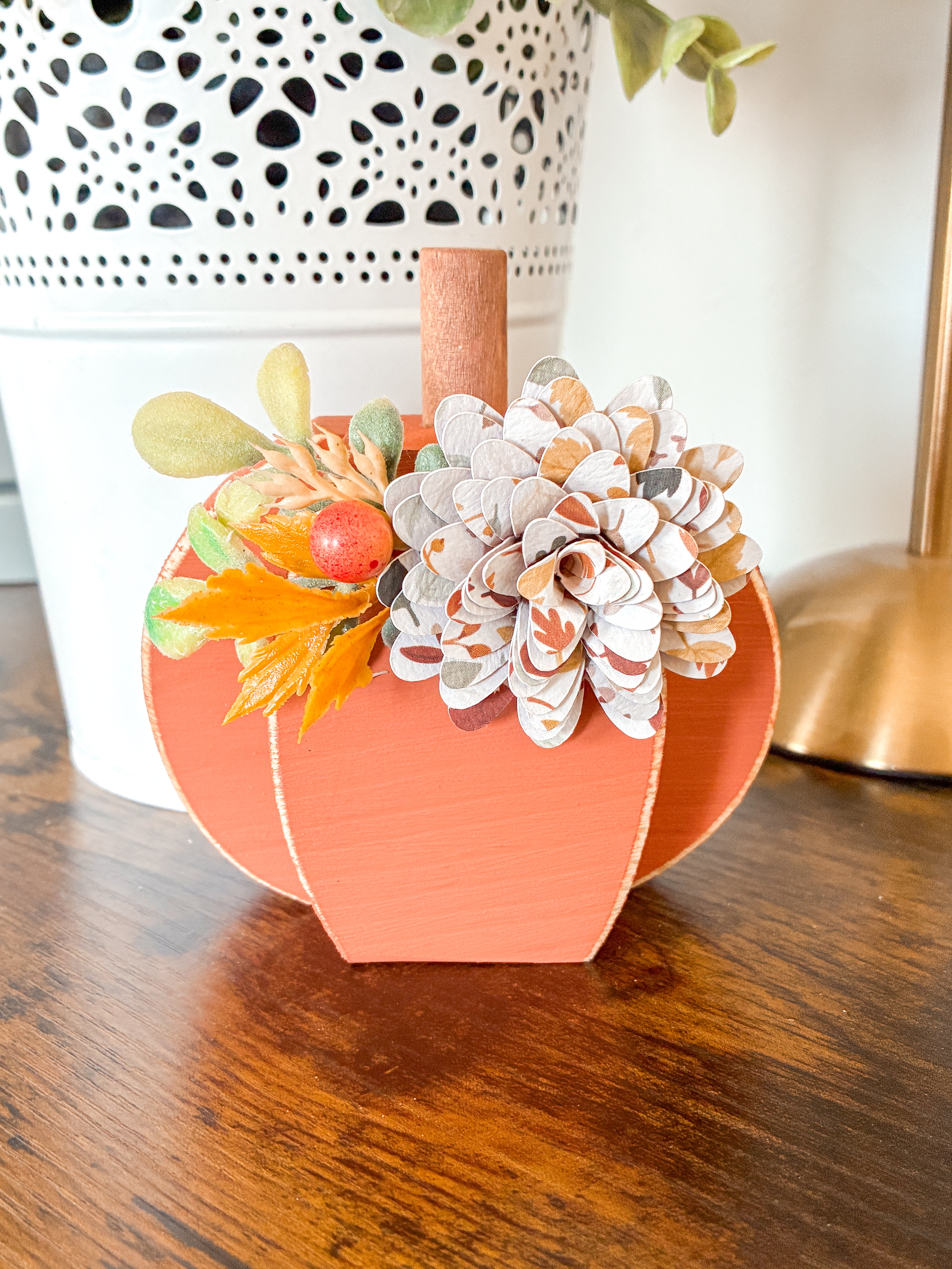 Orange Pumpkin Shelf Sitter with Leafy Flower