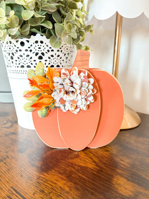 Large Orange Pumpkin Shelf Sitter with Leafy Flower