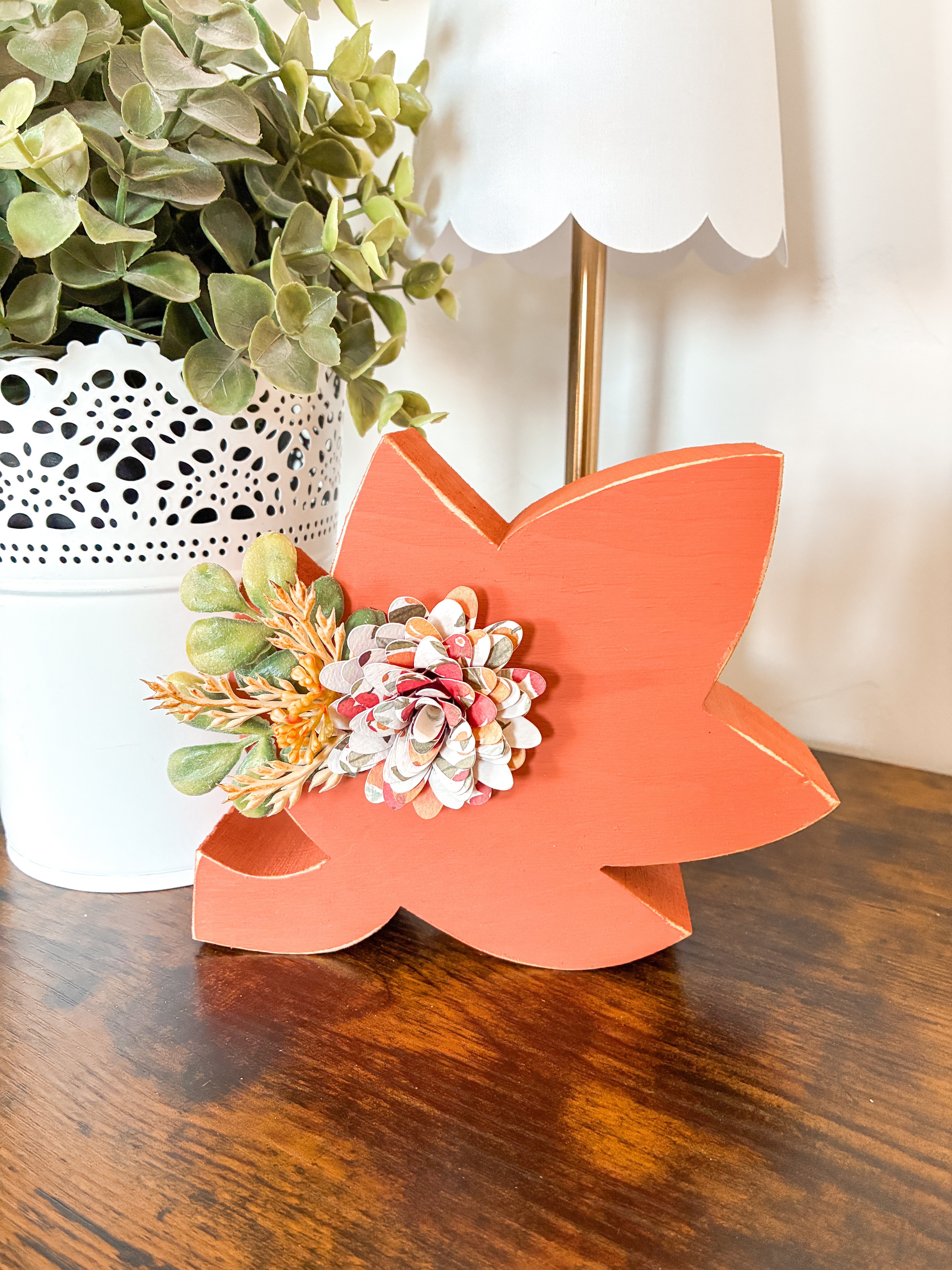 Orange Leaf Shelf Sitter with Leafy Flower