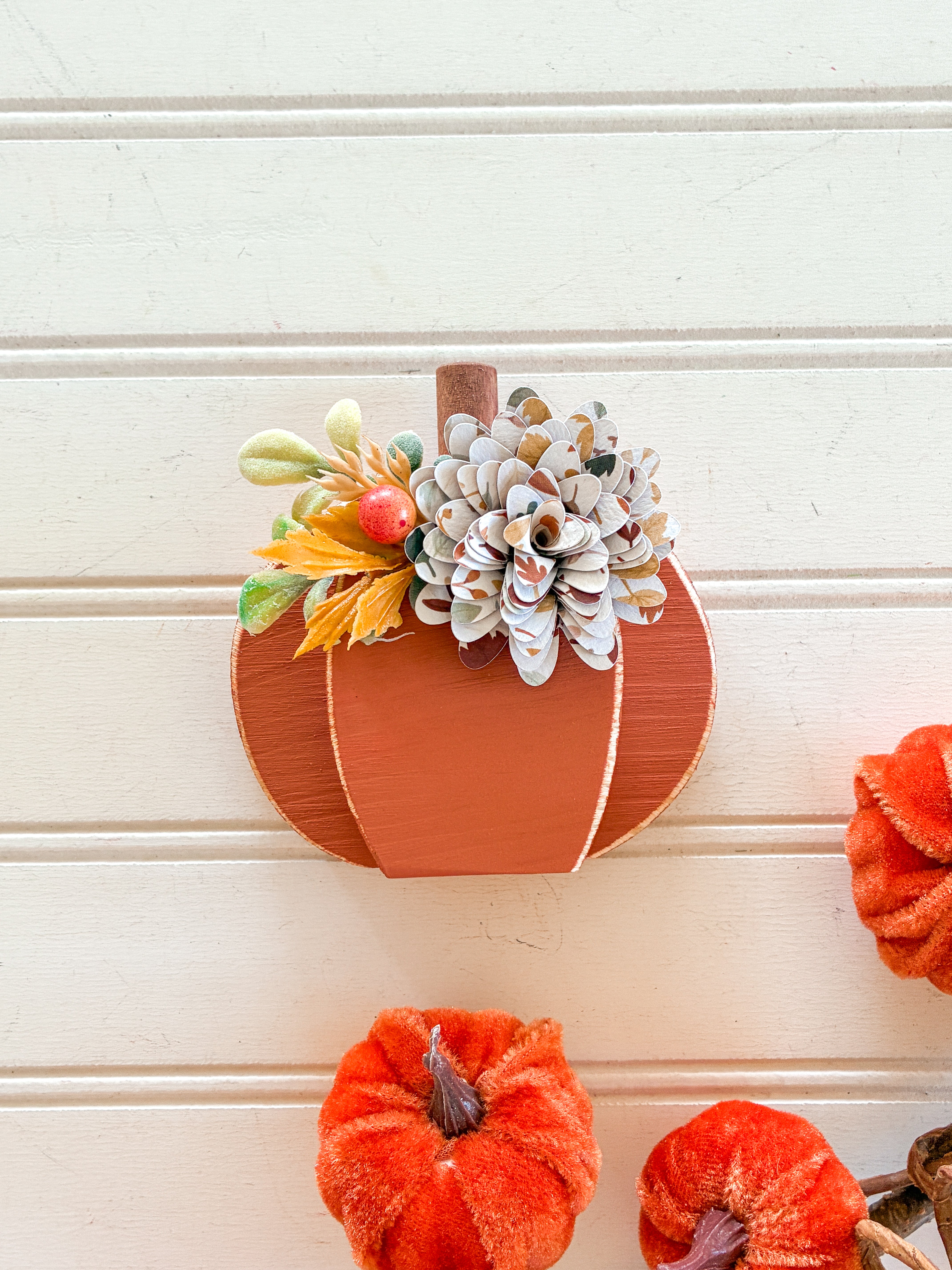 Orange Pumpkin Shelf Sitter with Leafy Flower