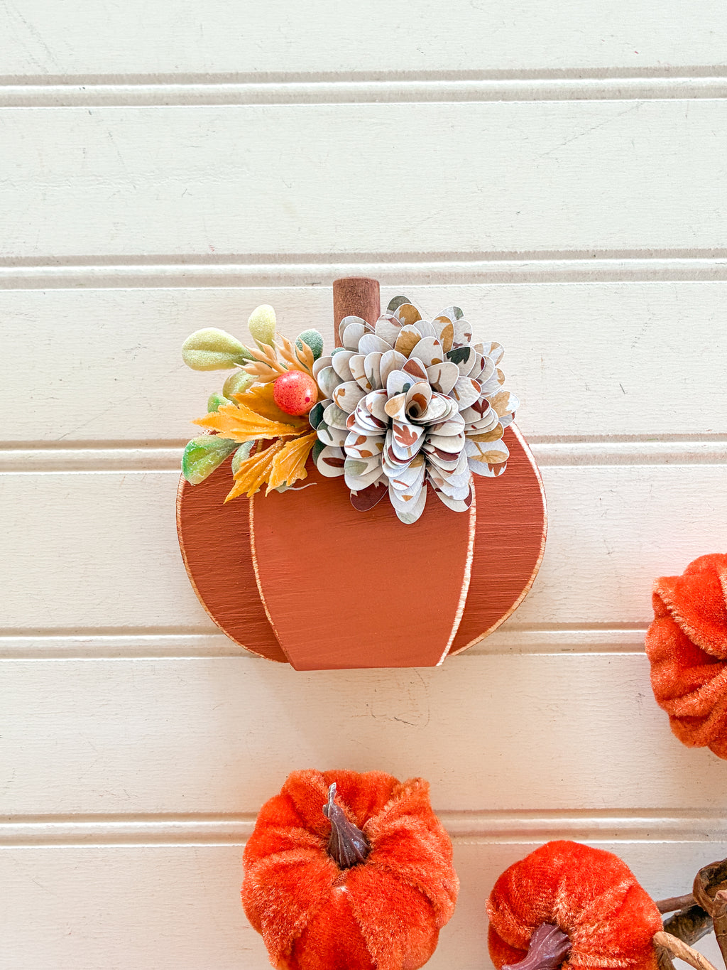 Orange Pumpkin Shelf Sitter with Leafy Flower