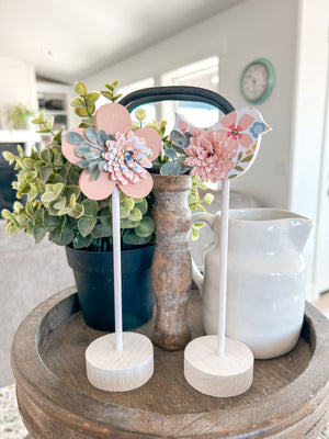 Pink Flower and Bird on Small Stands (Set of 2)
