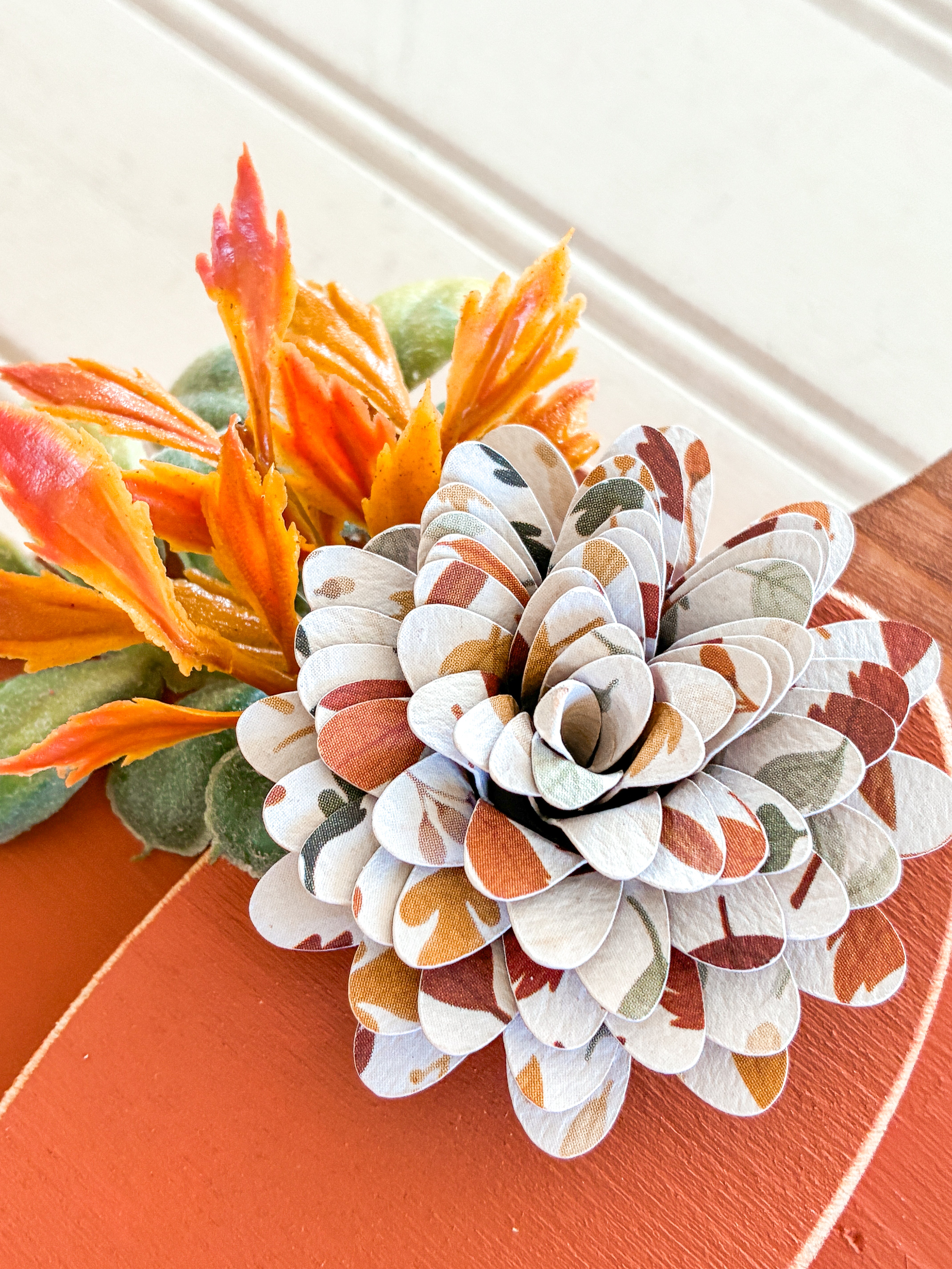 Large Orange Pumpkin Shelf Sitter with Leafy Flower