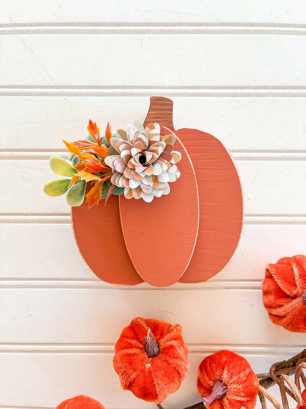 Large Orange Pumpkin Shelf Sitter with Plaid Flower