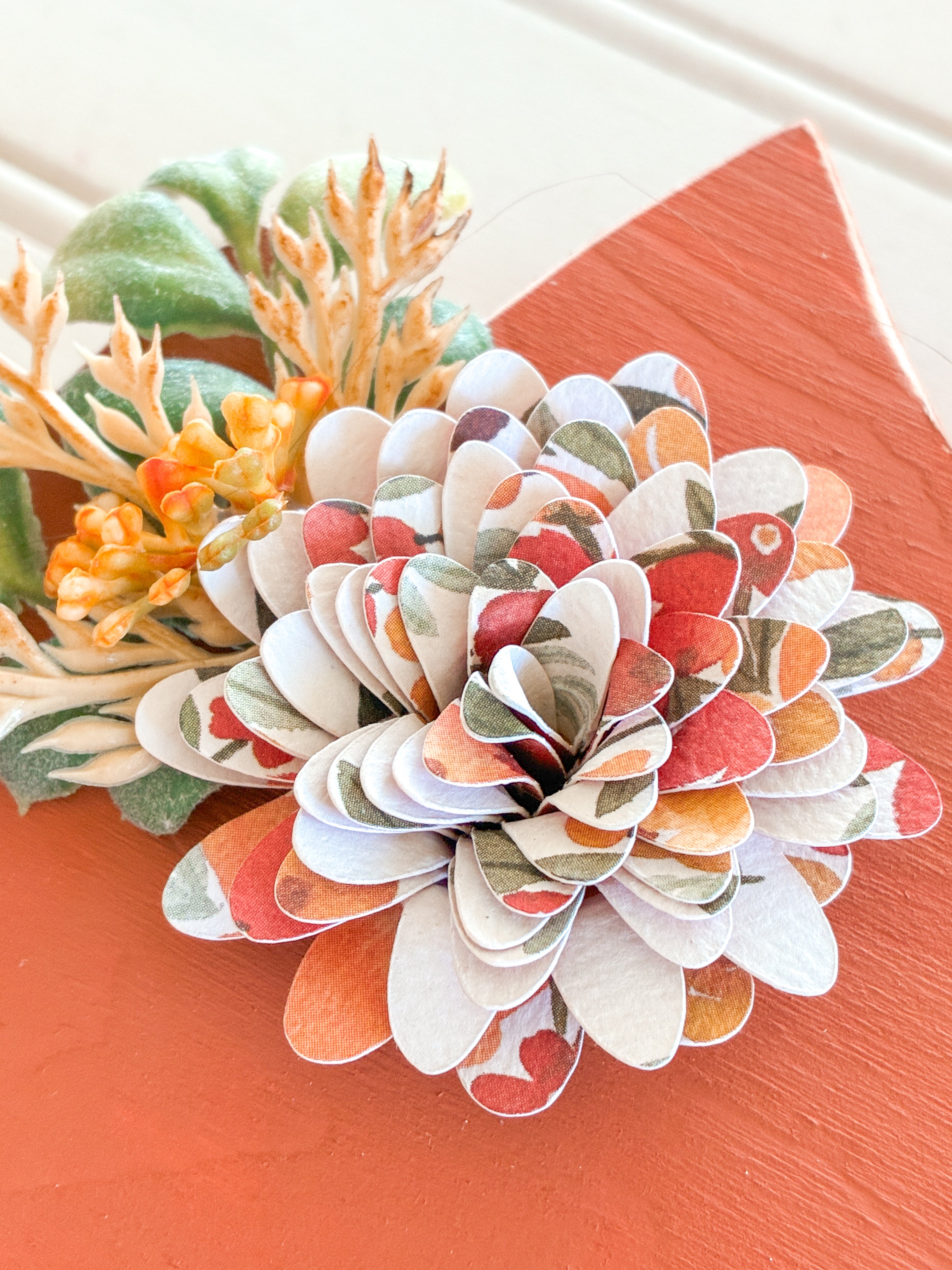 Orange Leaf Shelf Sitter with Leafy Flower