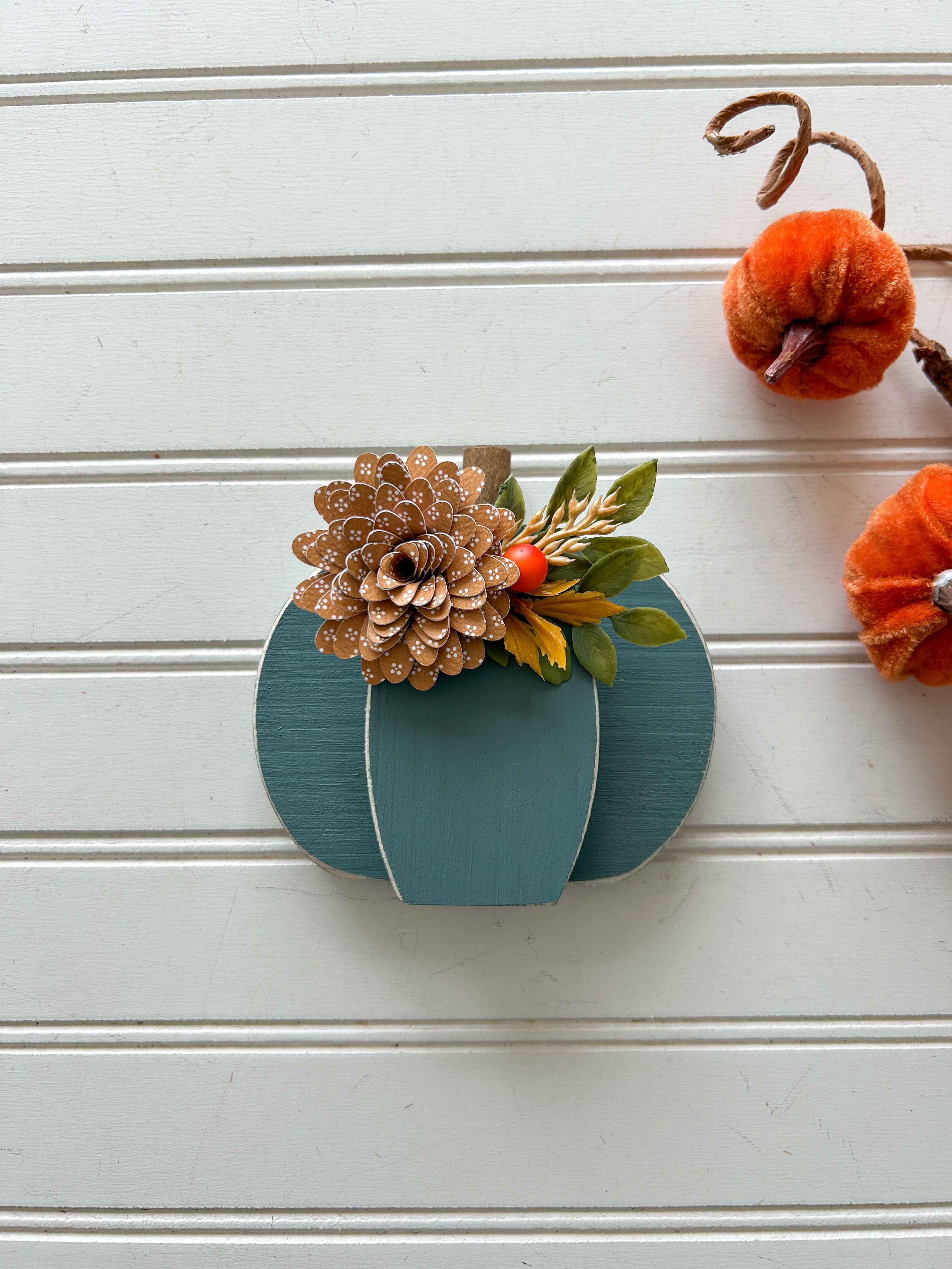 Blue Pumpkin Shelf Sitter with Mustard Flower