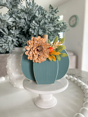 Blue Pumpkin Shelf Sitter with Mustard Flower