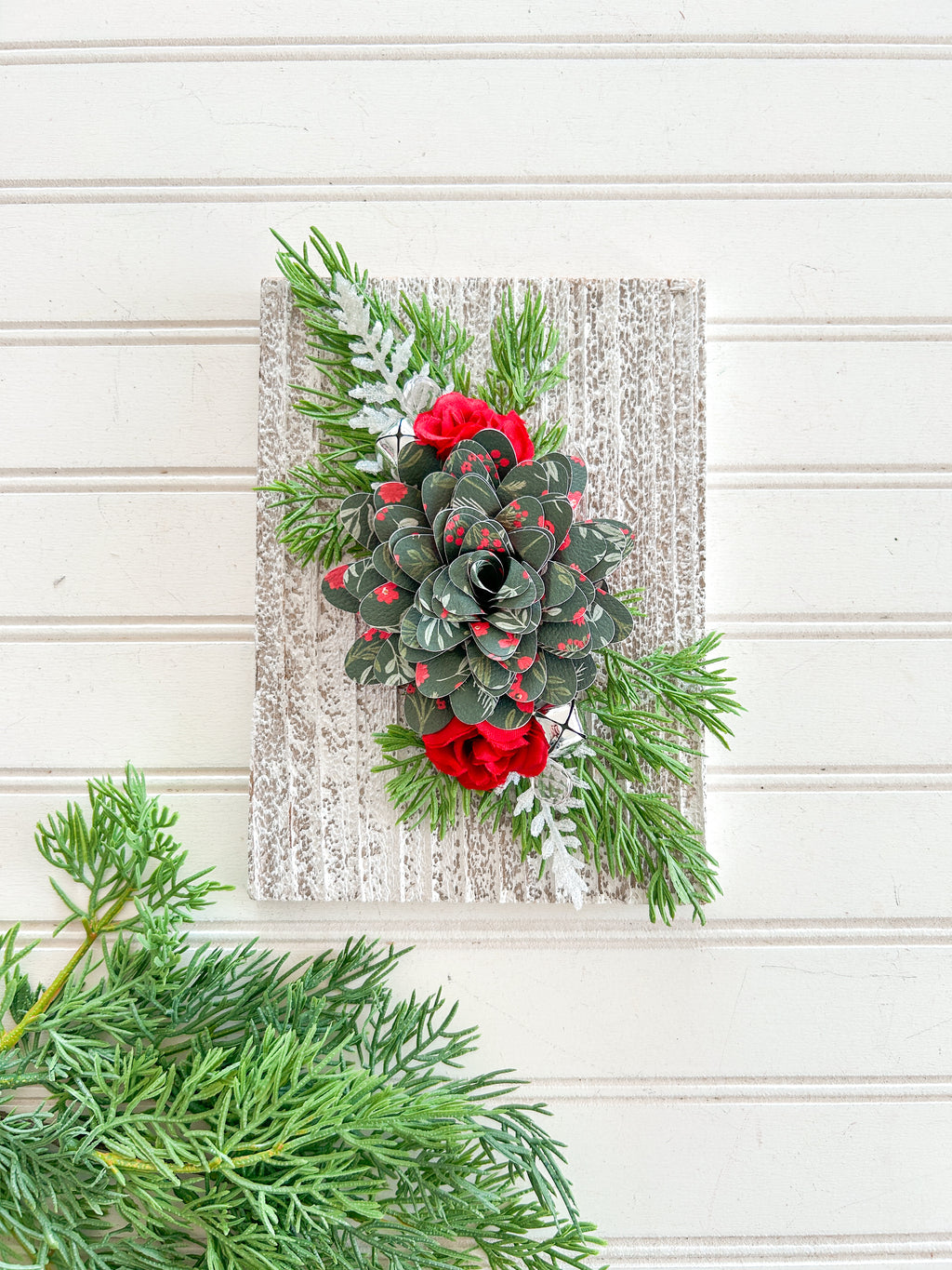 Dark Green Floral on White Reclaimed Wood Sign