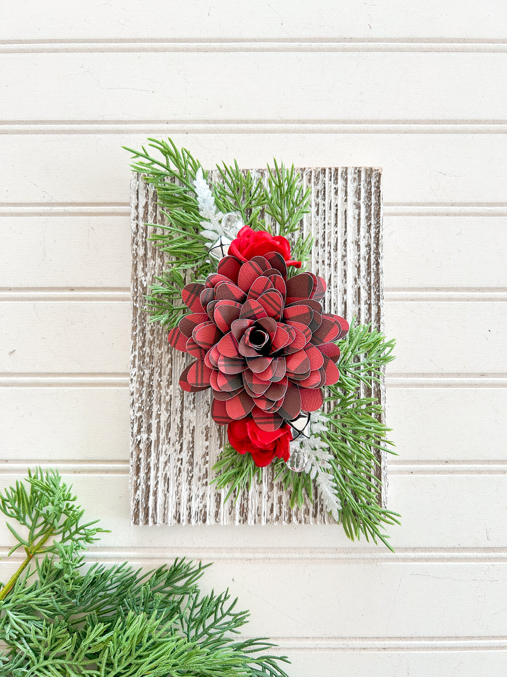 Red Plaid on White Reclaimed Wood Sign