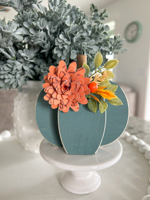 Blue Pumpkin Shelf Sitter with Orange Flower