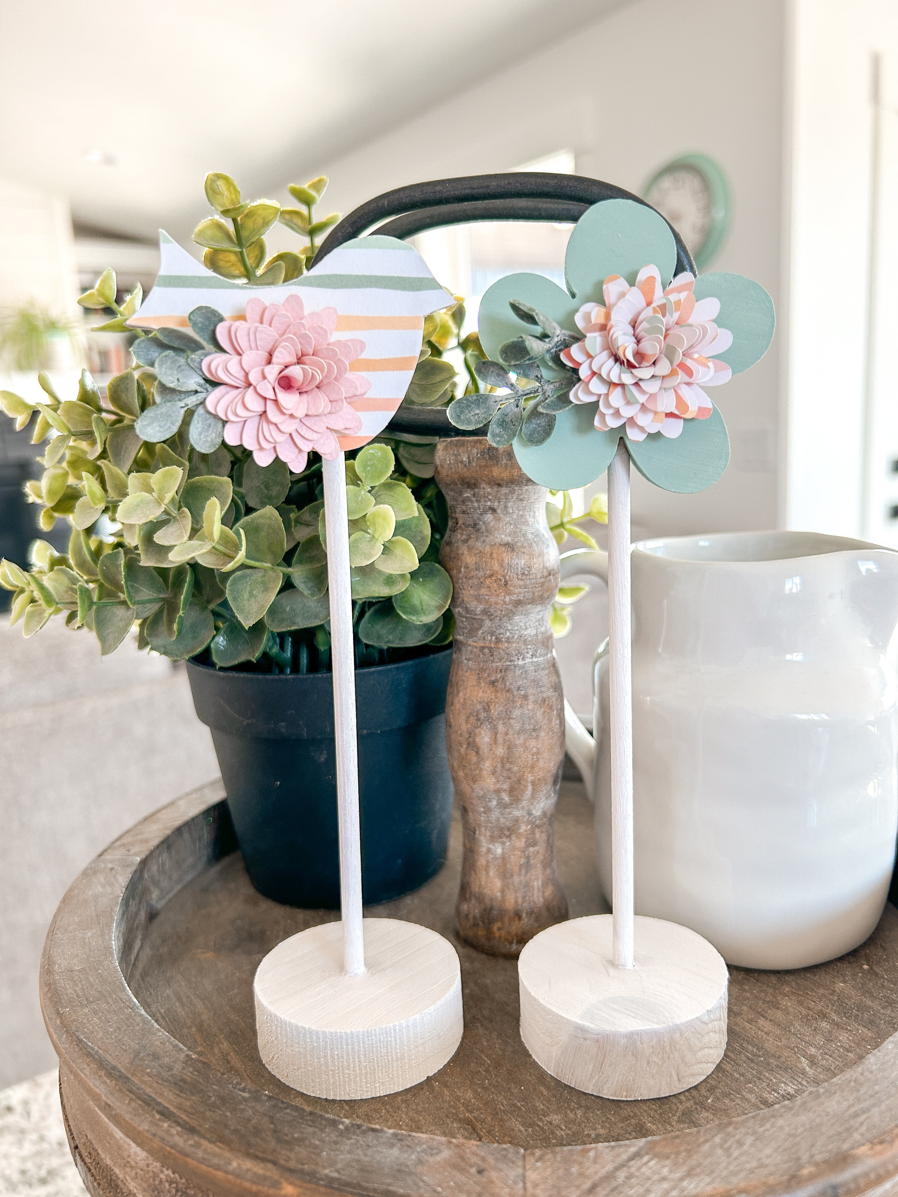 Aqua Flower and Bird on Small Stands (Set of 2)