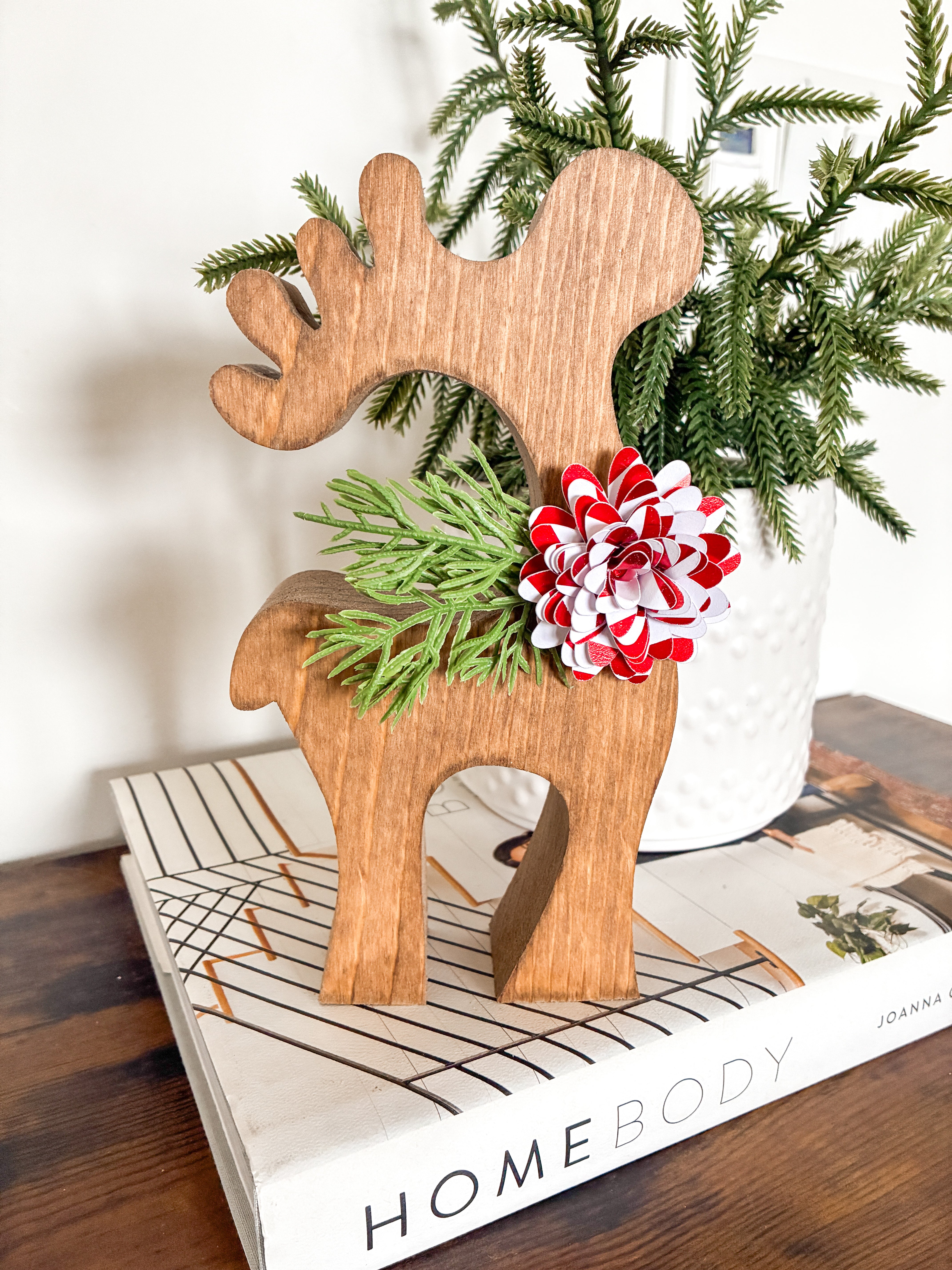 Large Reindeer Shelf Sitter with Red Stripe Flower